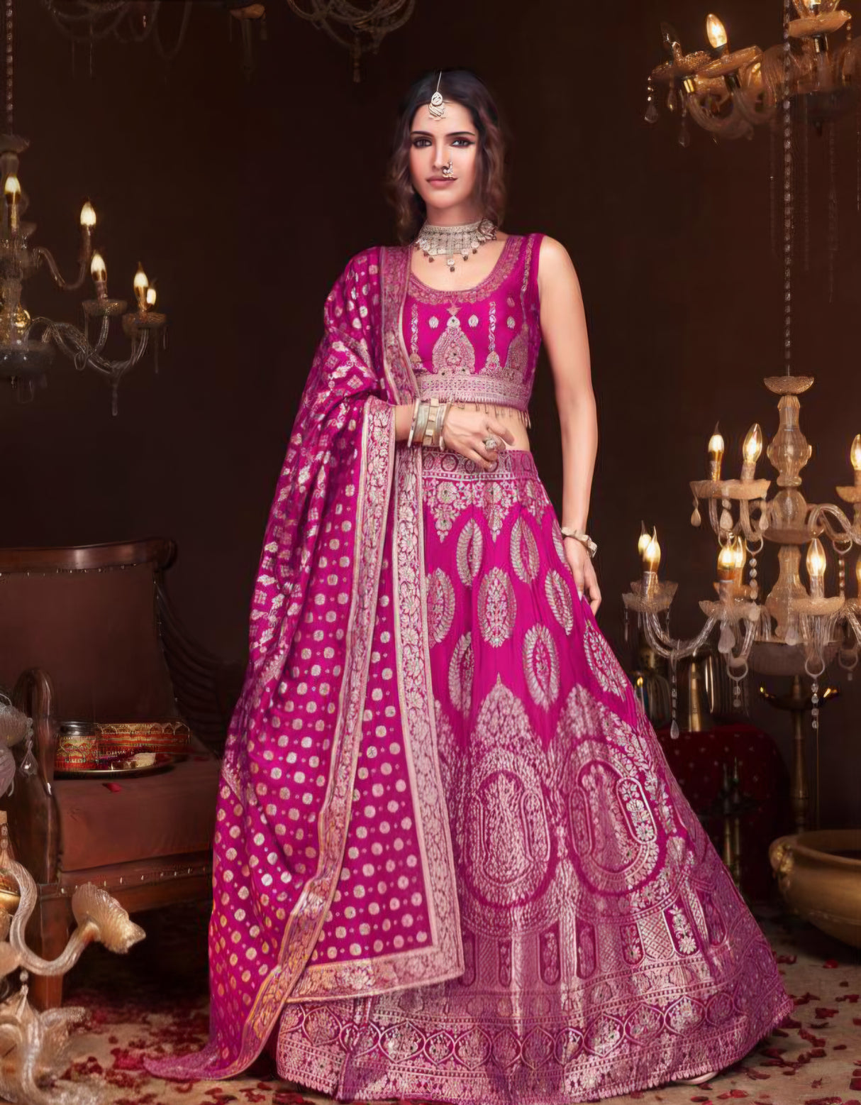 Rani Pink Silver Zari Bridal Lehenga