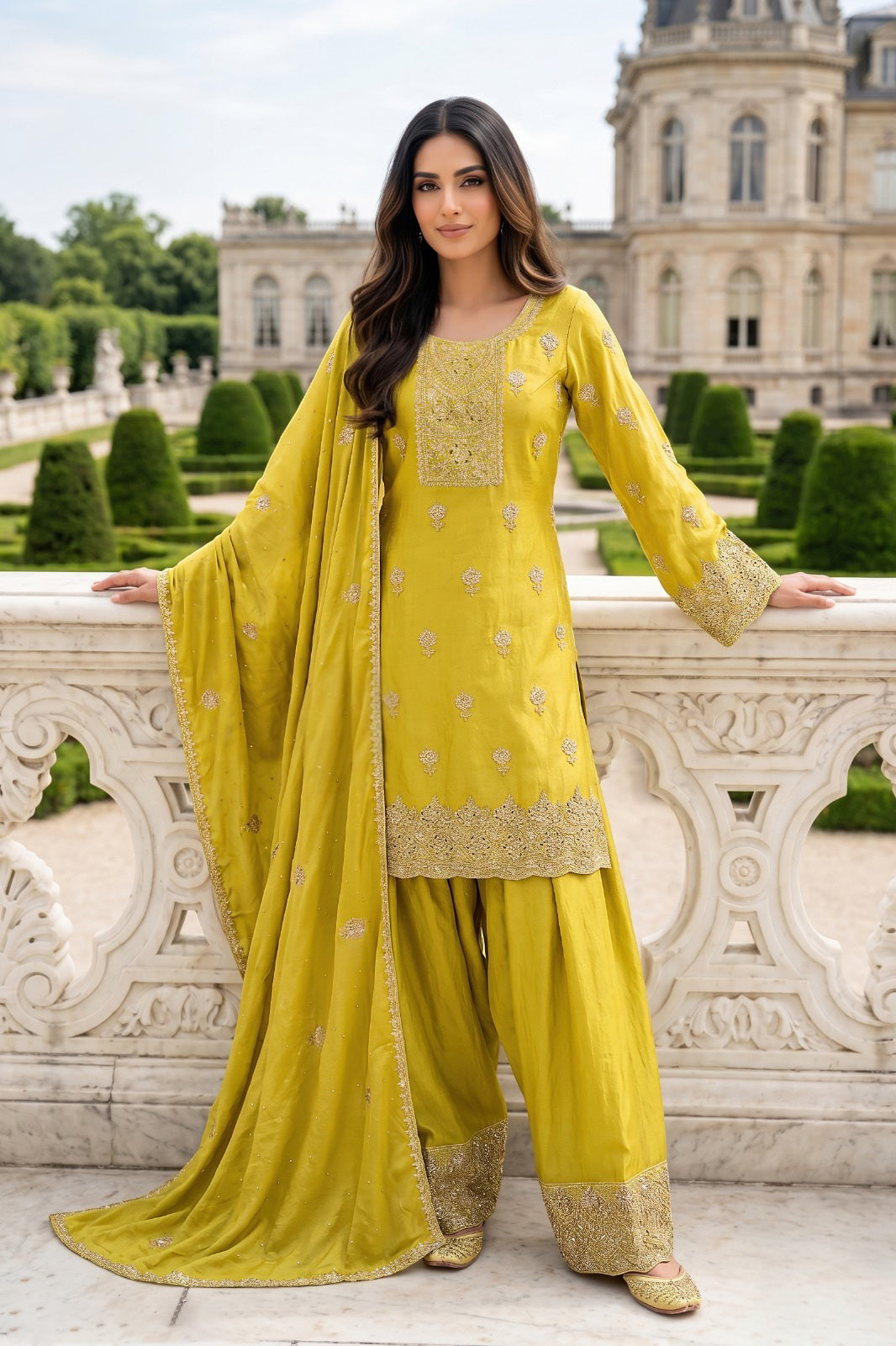 Chartreuse Gold Embroidered Palazzo Couture Set