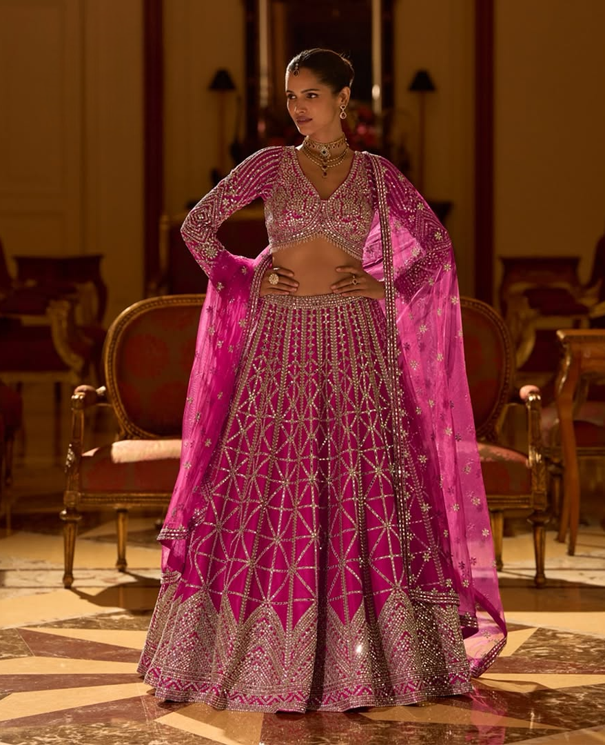 Regal Fuchsia Mirror Embroidered Bridal Lehenga Set