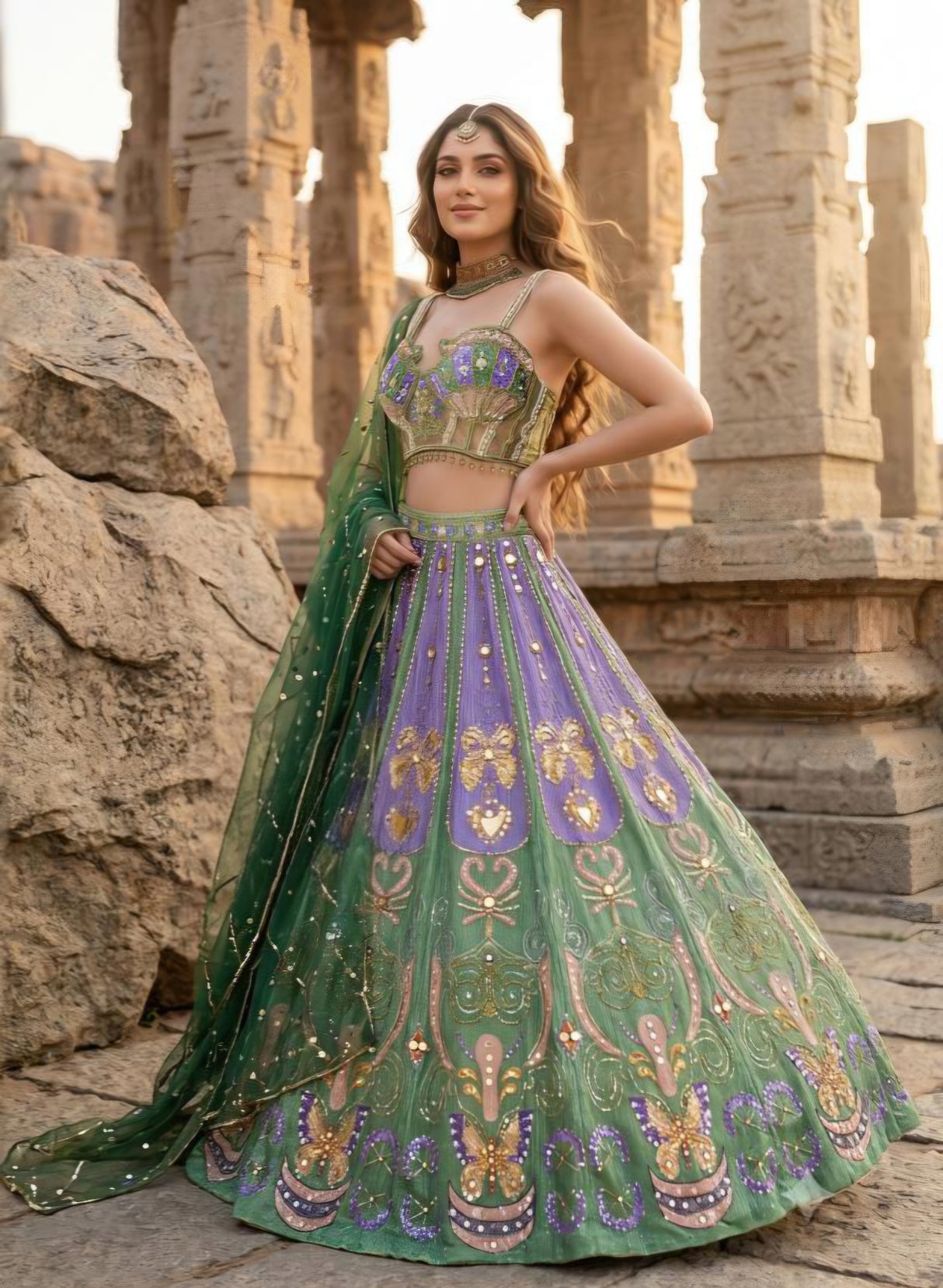 Emerald Violet Mirror Lehenga Couture Set