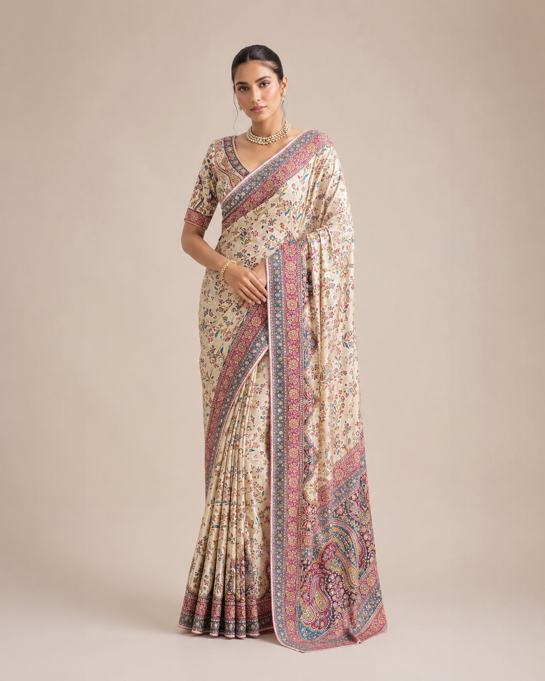 Ivory Paisley Printed Silk Saree Ensemble