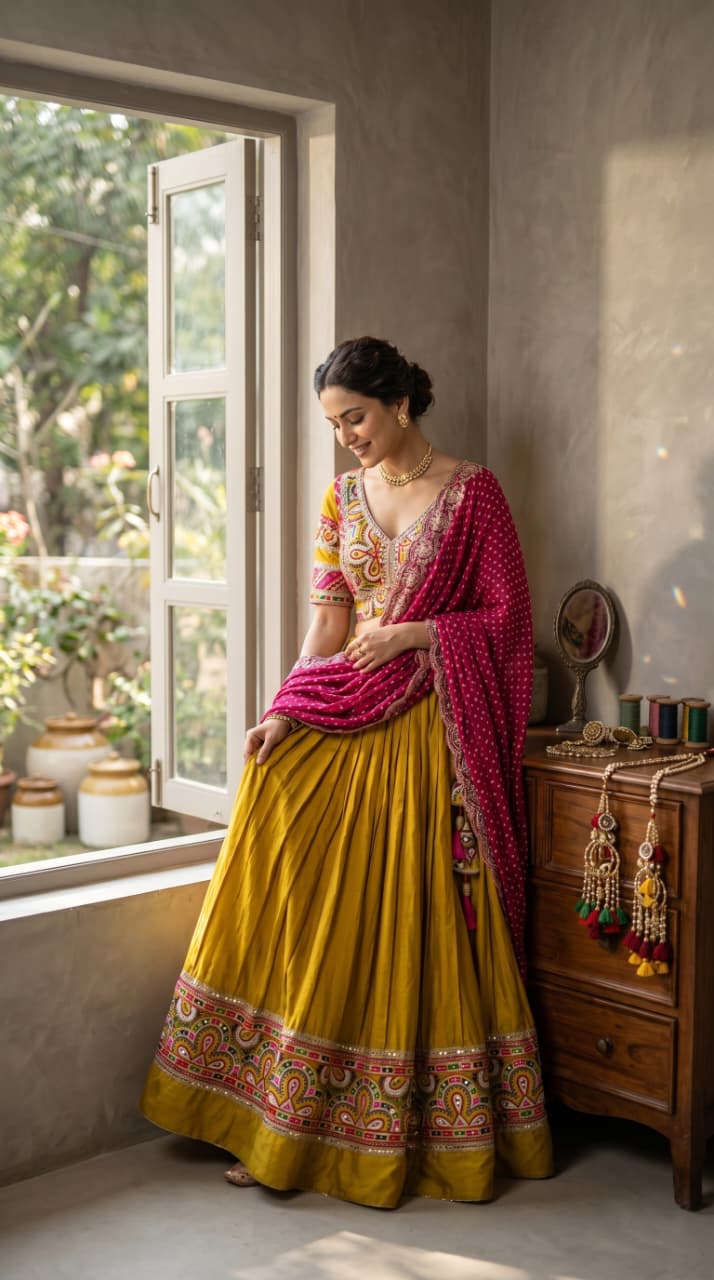 Mustard Rani Kutchi Lehenga Set