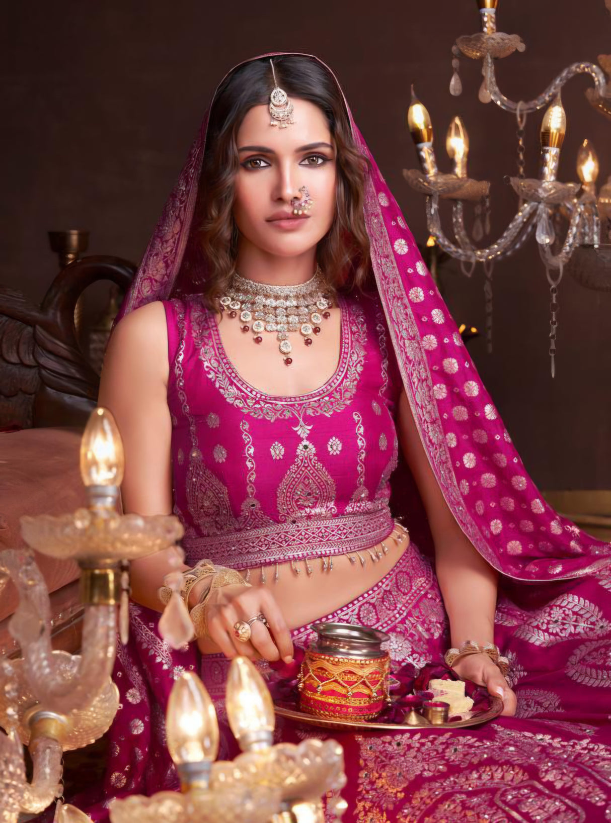Rani Pink Silver Zari Bridal Lehenga