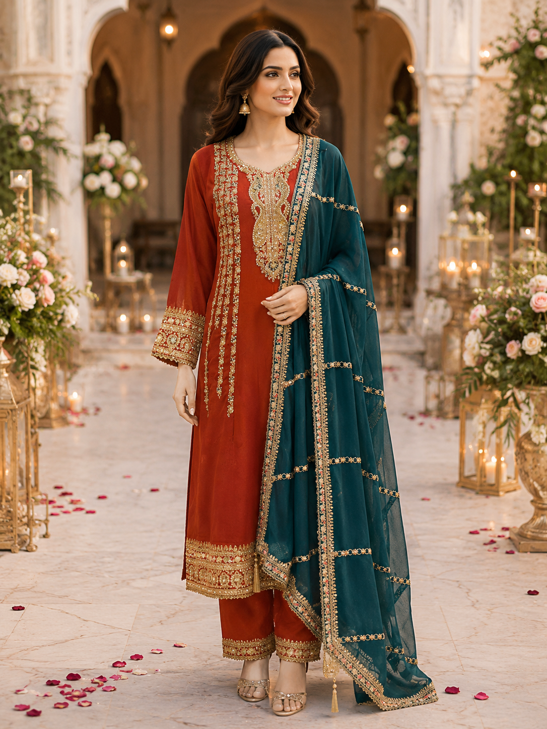 Orange Teal Embroidered Kurta Set