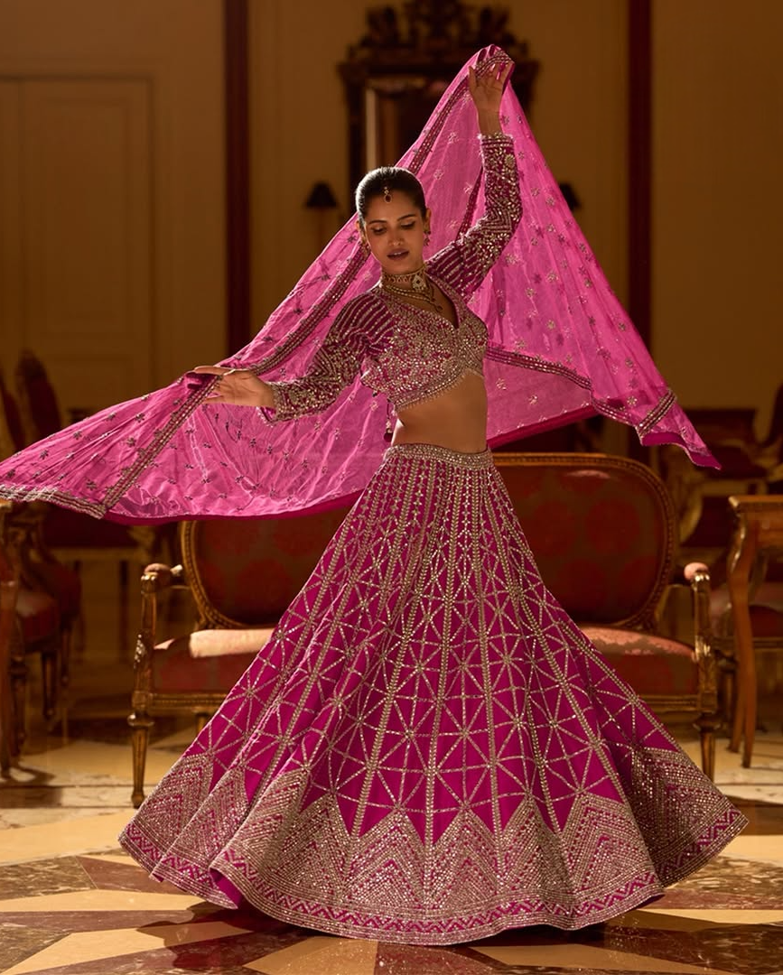 Regal Fuchsia Mirror Embroidered Bridal Lehenga Set