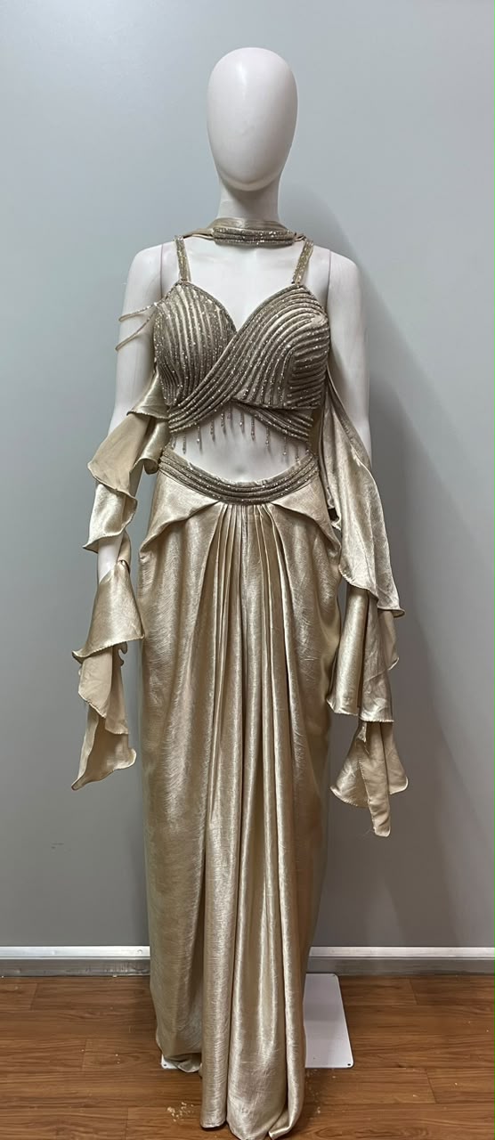 Champagne Gold Sculpted Ruffle Saree Set