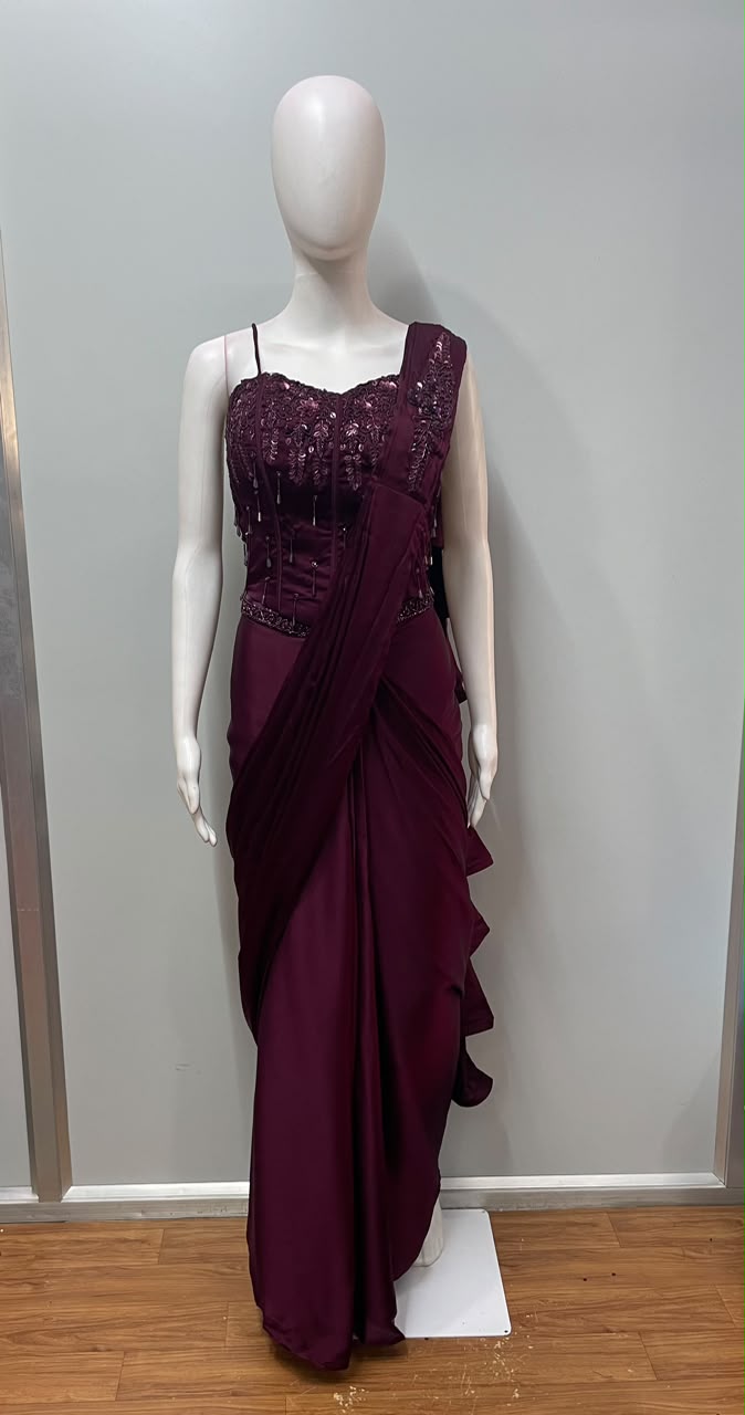 Wine Corset Draped Saree Set