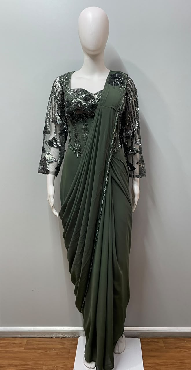 Olive Noir Embellished Corset Saree Set