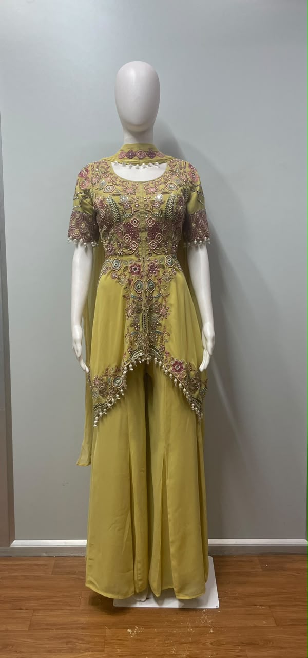 Chartreuse Jewel Embroidered Peplum Palazzo Ensemble - alternate view