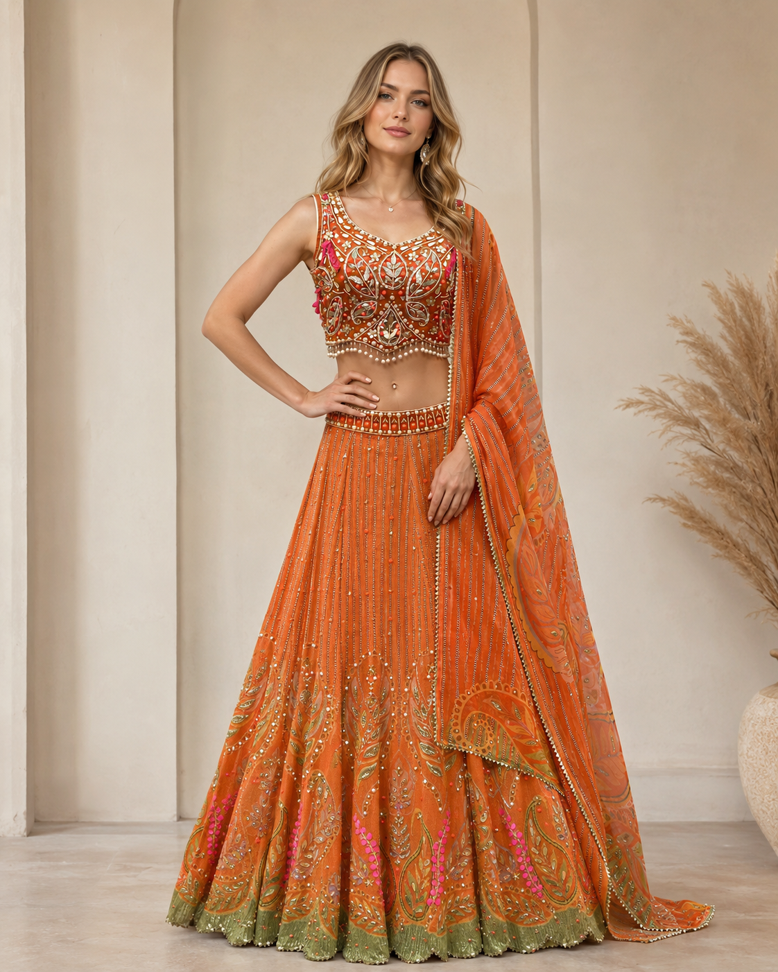 Tangerine Mirrorwork Heritage Lehenga