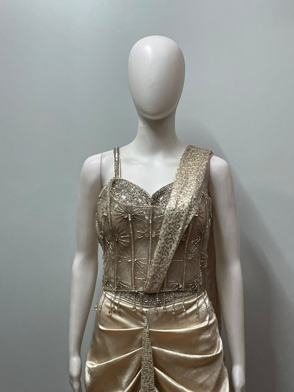 Champagne Crystal Draped Saree Set