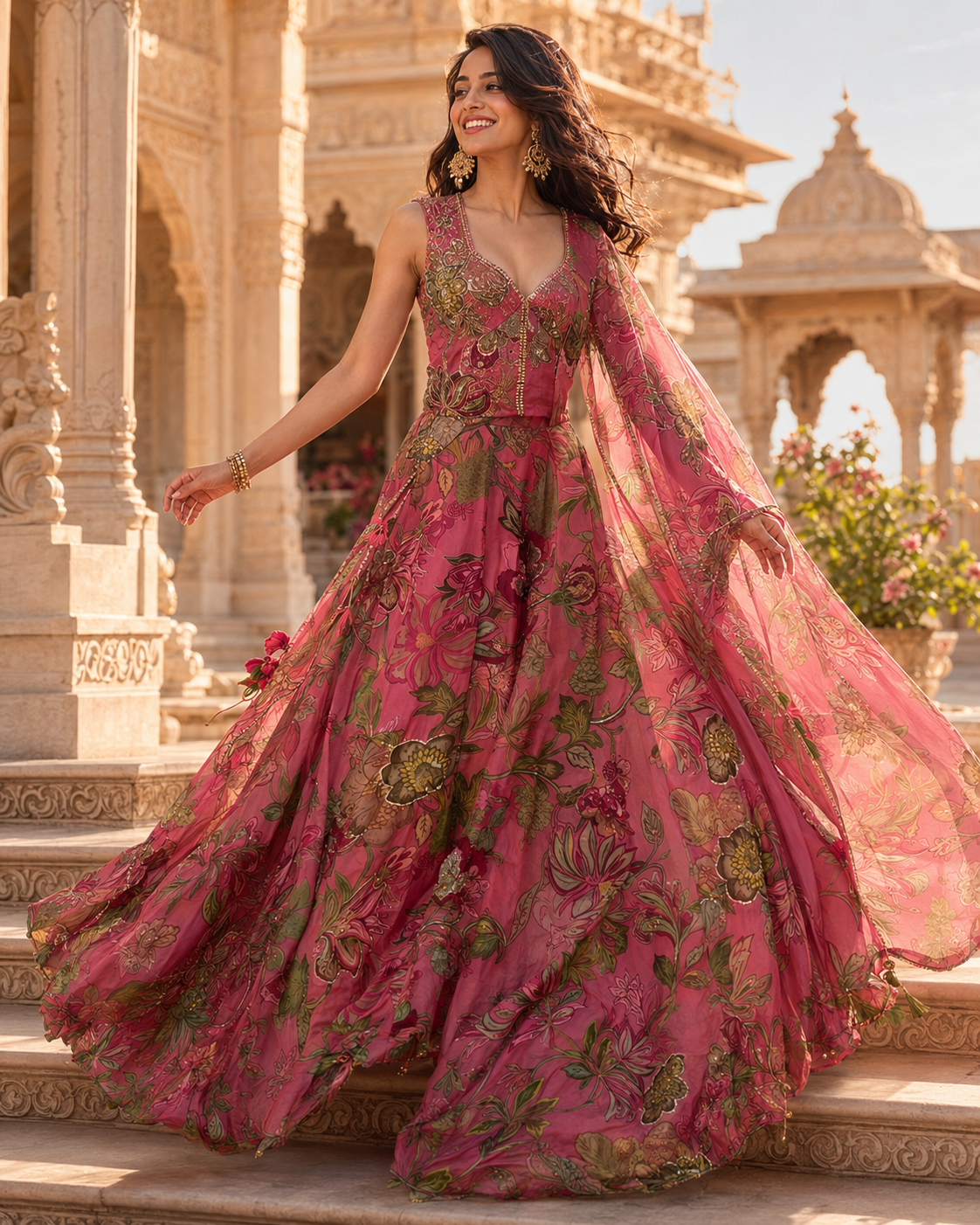 Dusky Rose Floral Lehenga Couture Ensemble