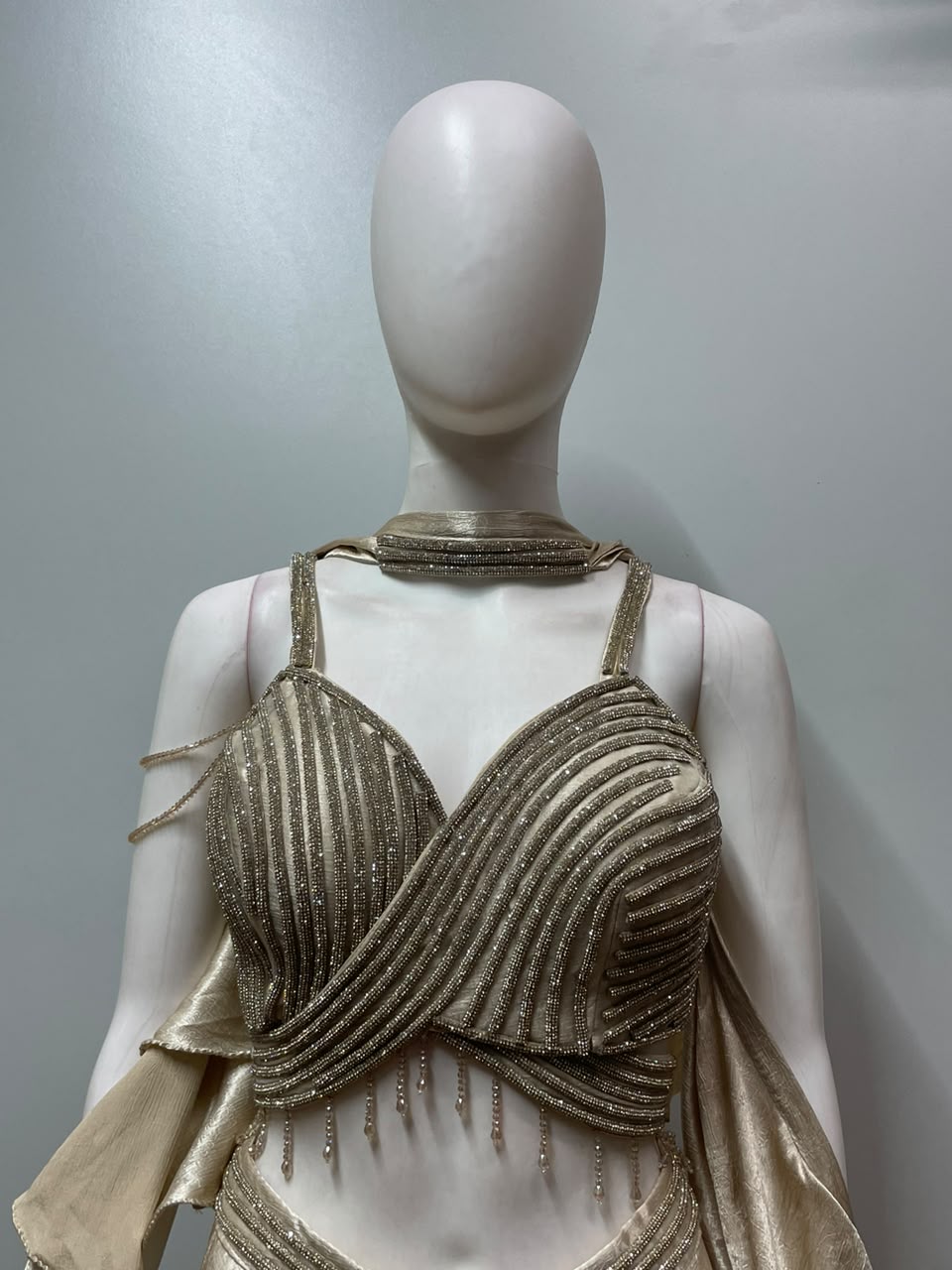 Champagne Gold Sculpted Ruffle Saree Set