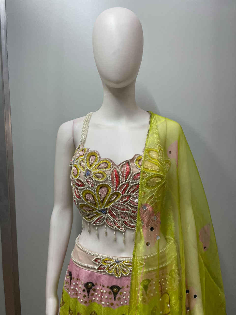 Chartreuse Floral Mirrorwork Lehenga Couture Set