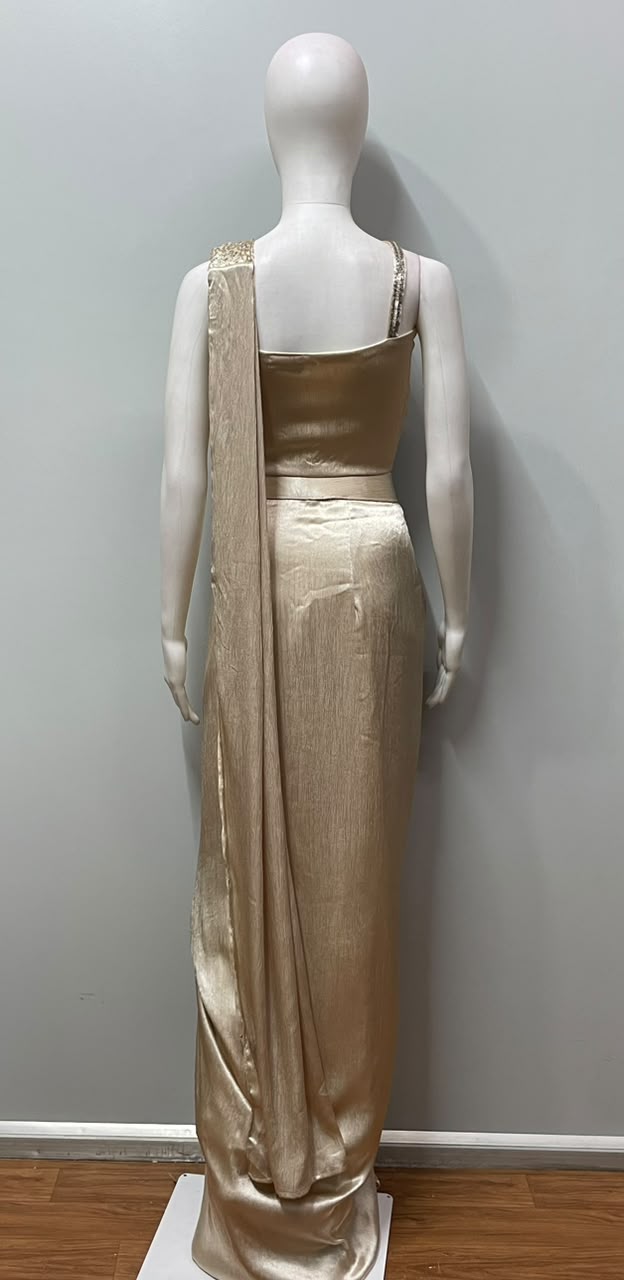 Champagne Crystal Draped Saree Set