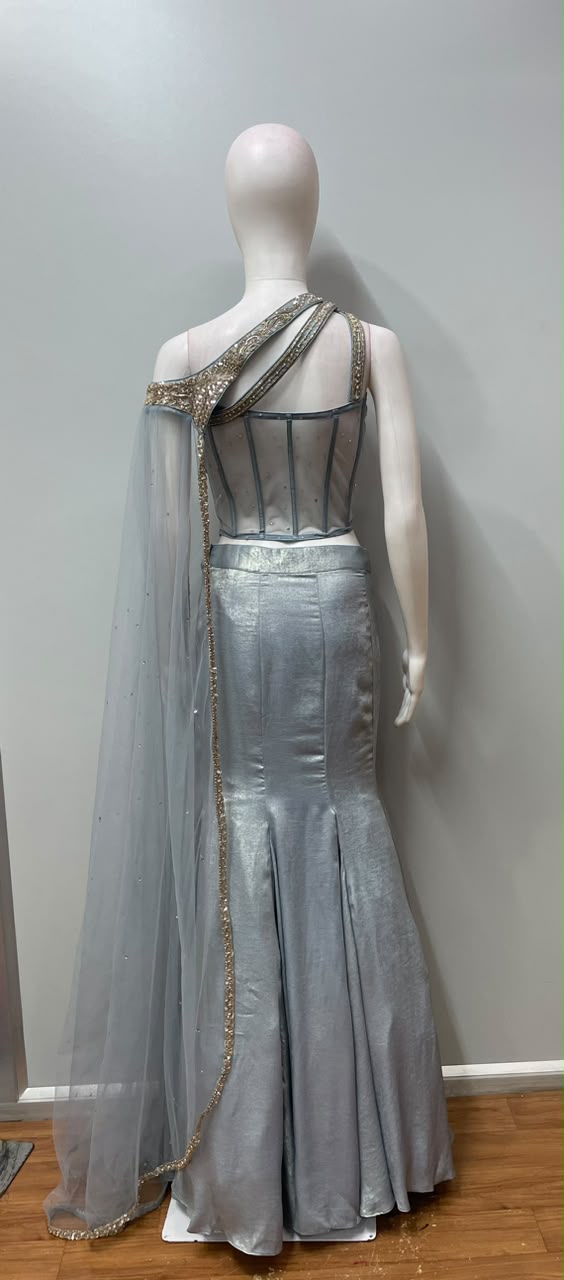 Ice Blue Gold Corset Mermaid Lehenga Set