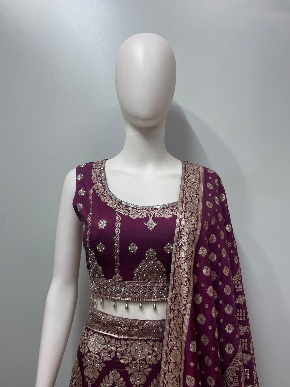 Deep Plum Gold Embroidered Bridal Lehenga Set