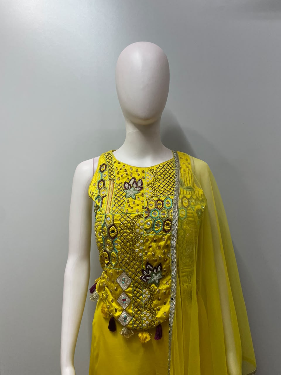 Citrine Mirrorwork Embroidered Palazzo Couture Ensemble