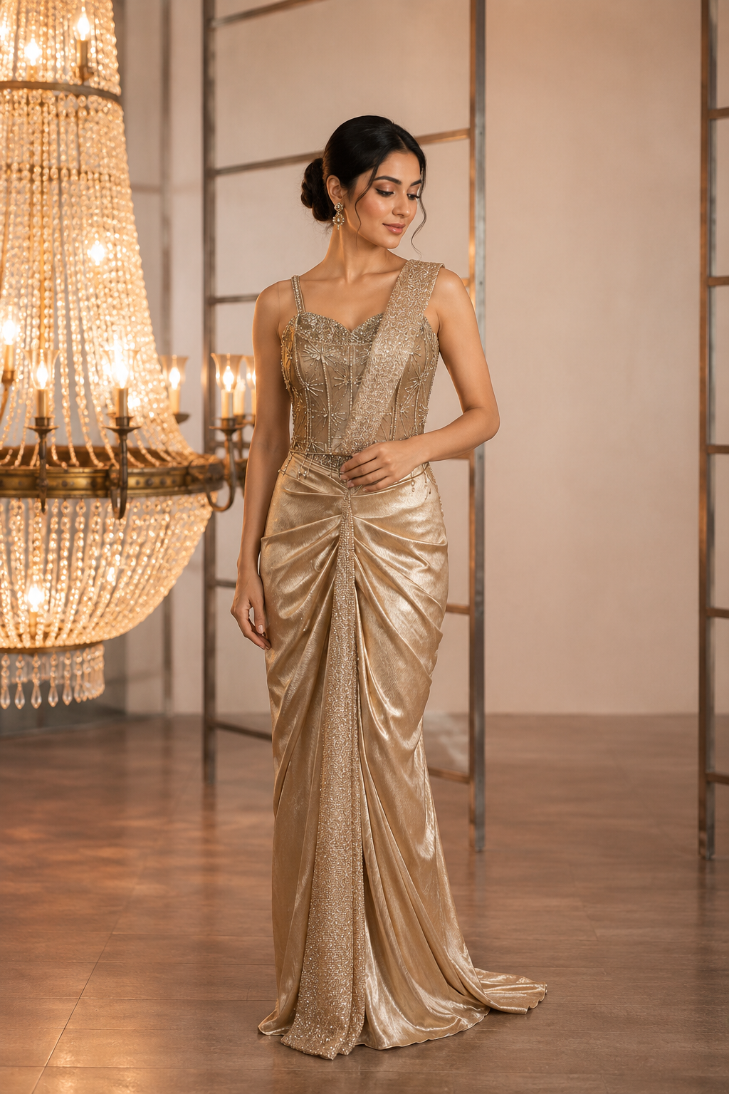 Champagne Crystal Draped Saree Set