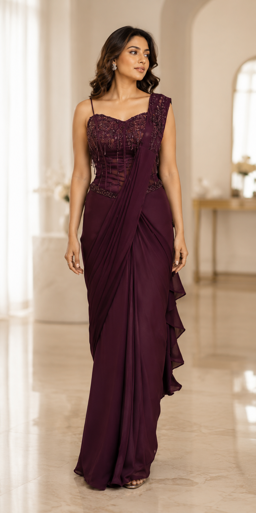 Wine Corset Draped Saree Set
