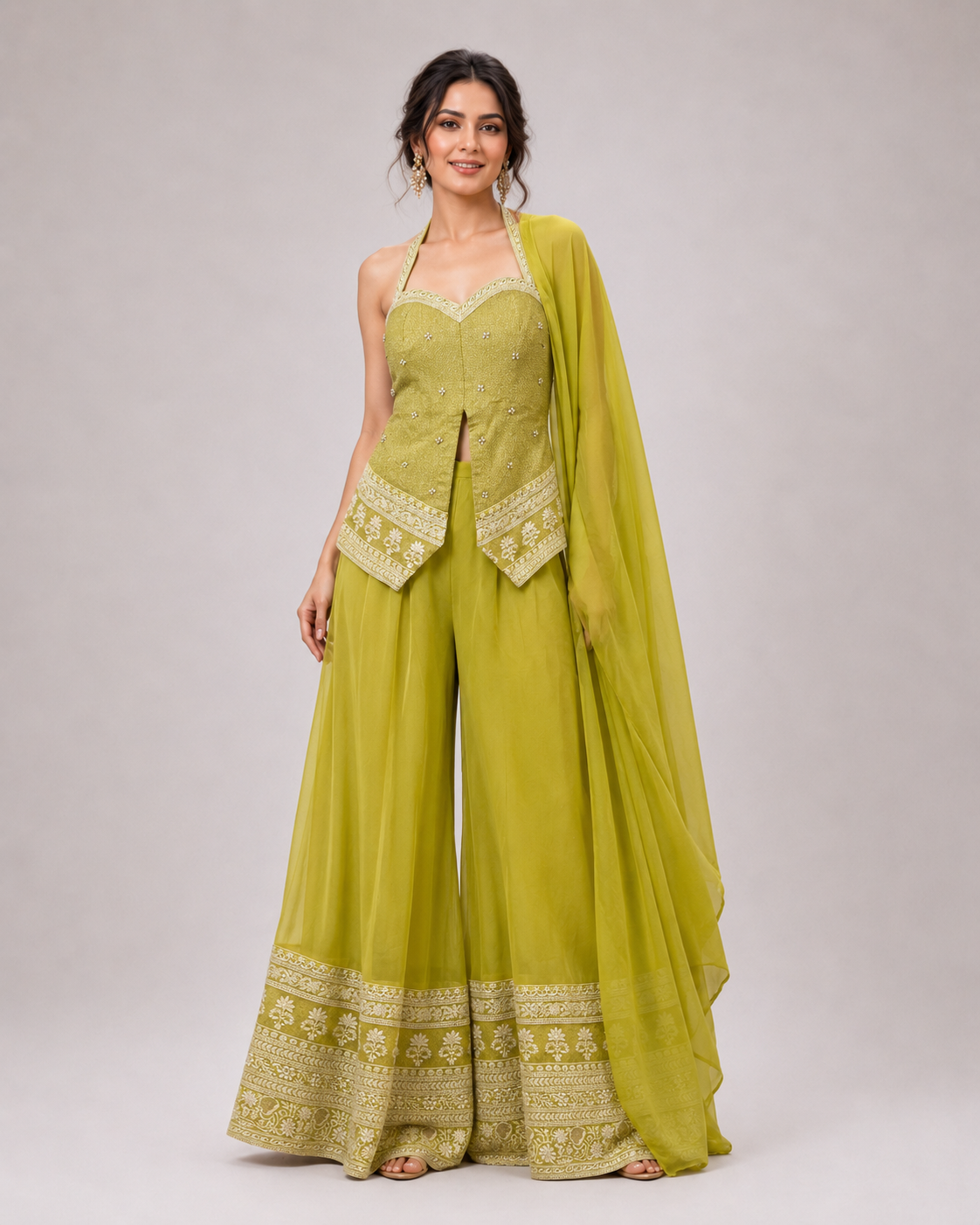 Lime Gold Embroidered Palazzo Dupatta Set