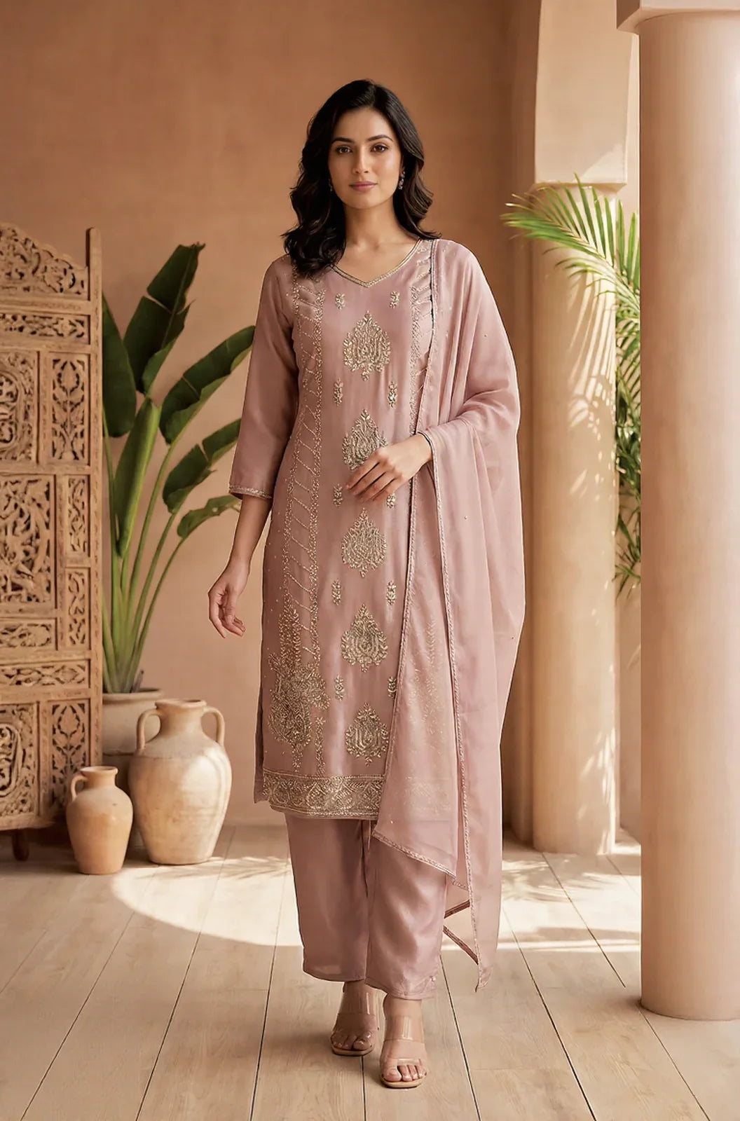 Blush Beige Embroidered Classic Suit - MishUUU