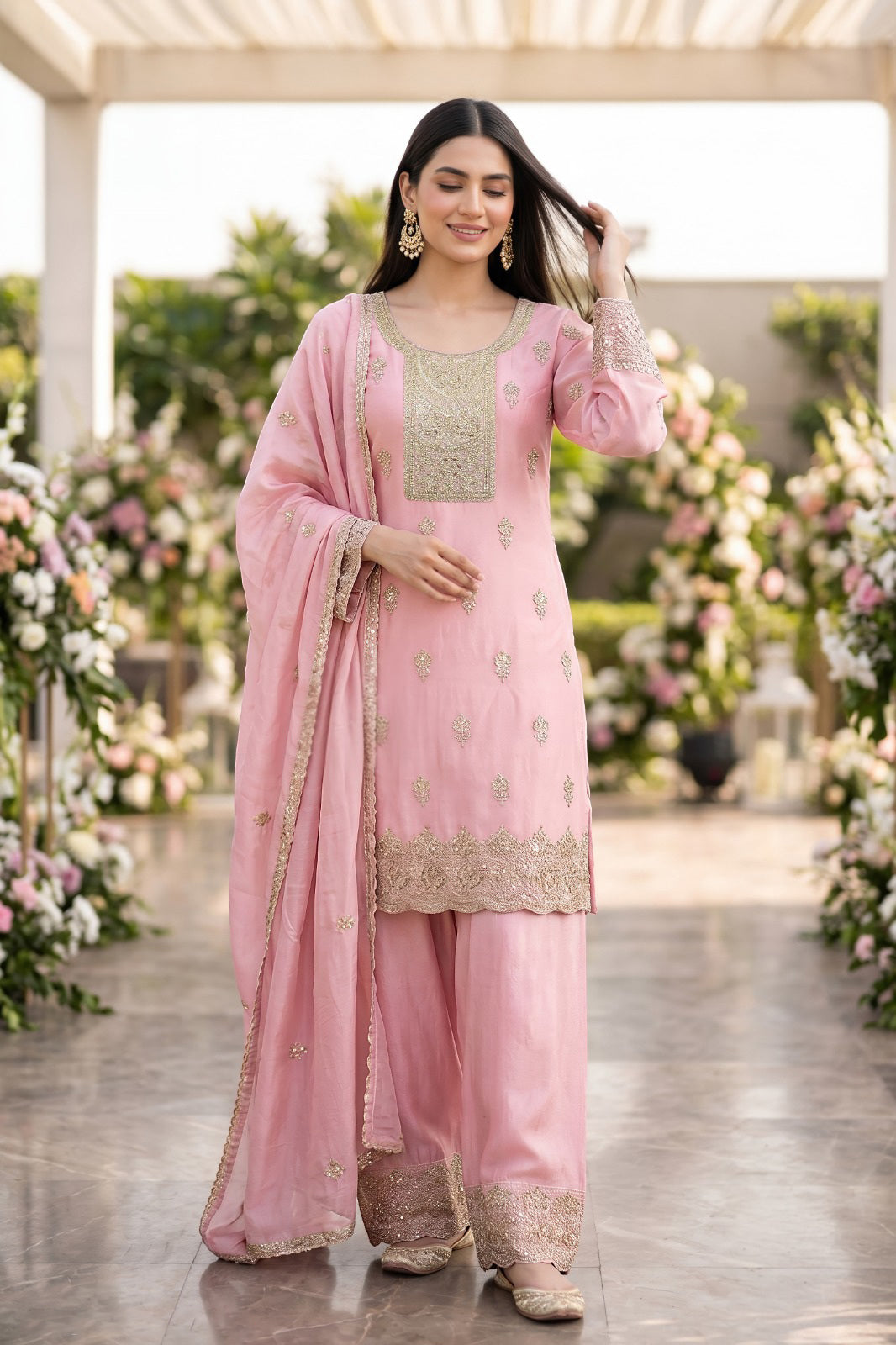 Blush Gold Embroidered Palazzo Couture Set