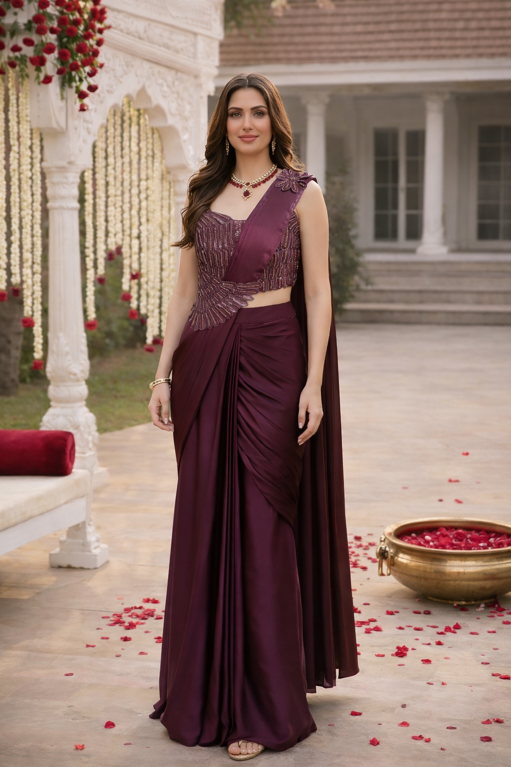 Wine Draped Saree Luxe Set