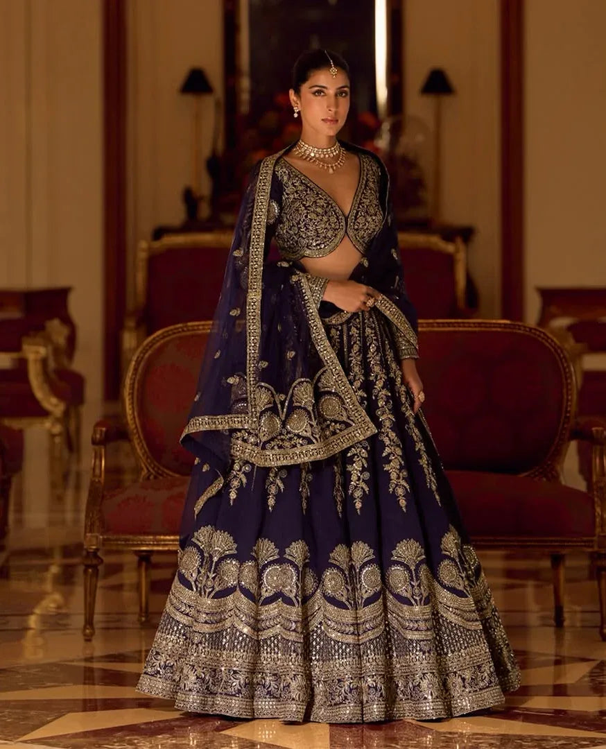 Midnight Royal Blue Embroidered Bridal Lehenga Set - MishUUU