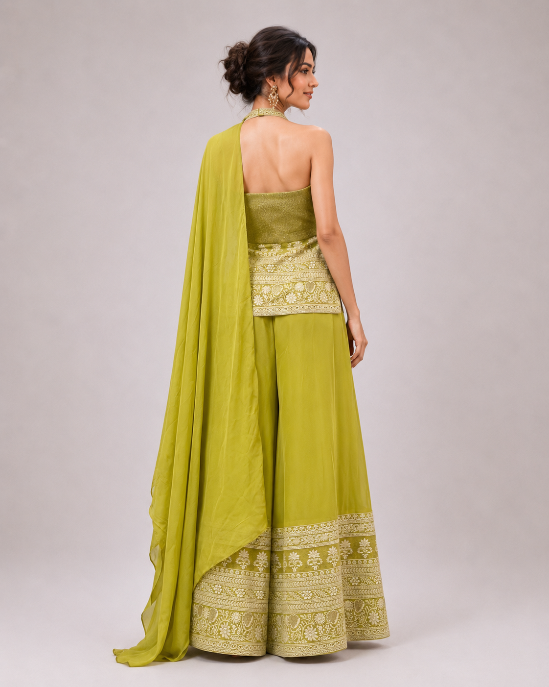 Lime Gold Embroidered Palazzo Dupatta Set
