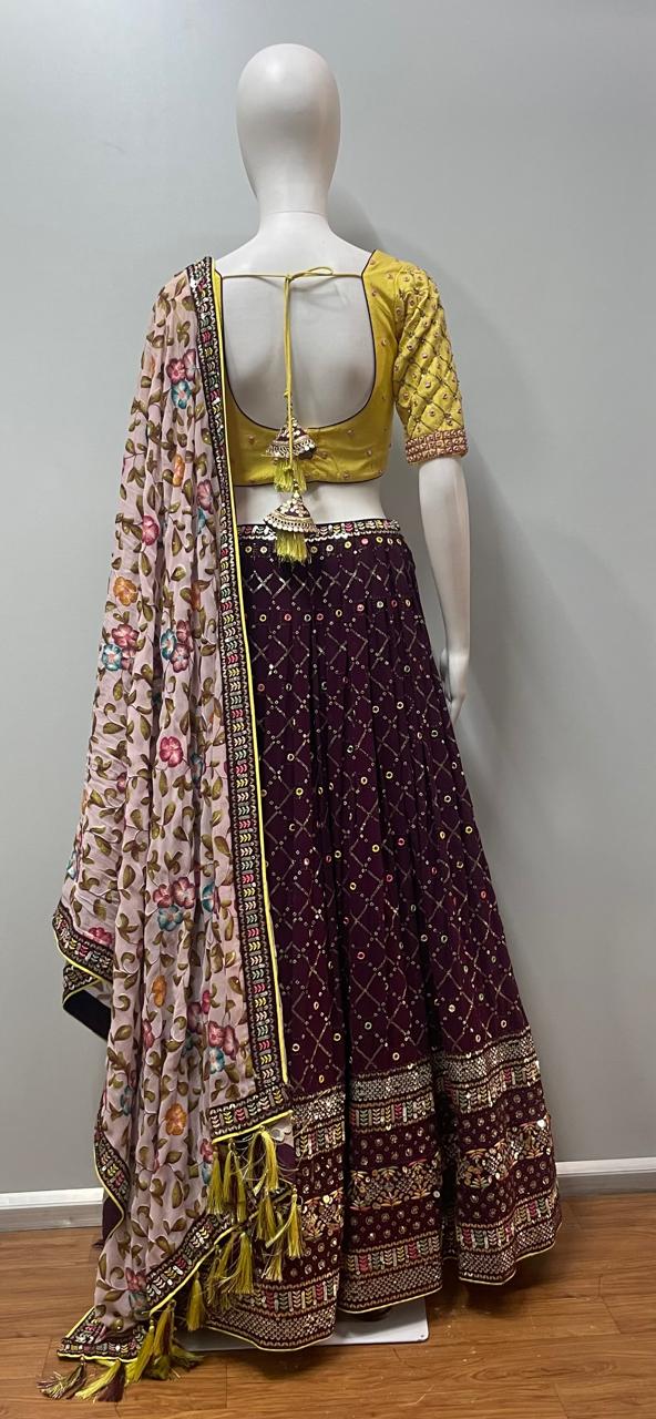 Mustard Plum Floral Lehenga Set