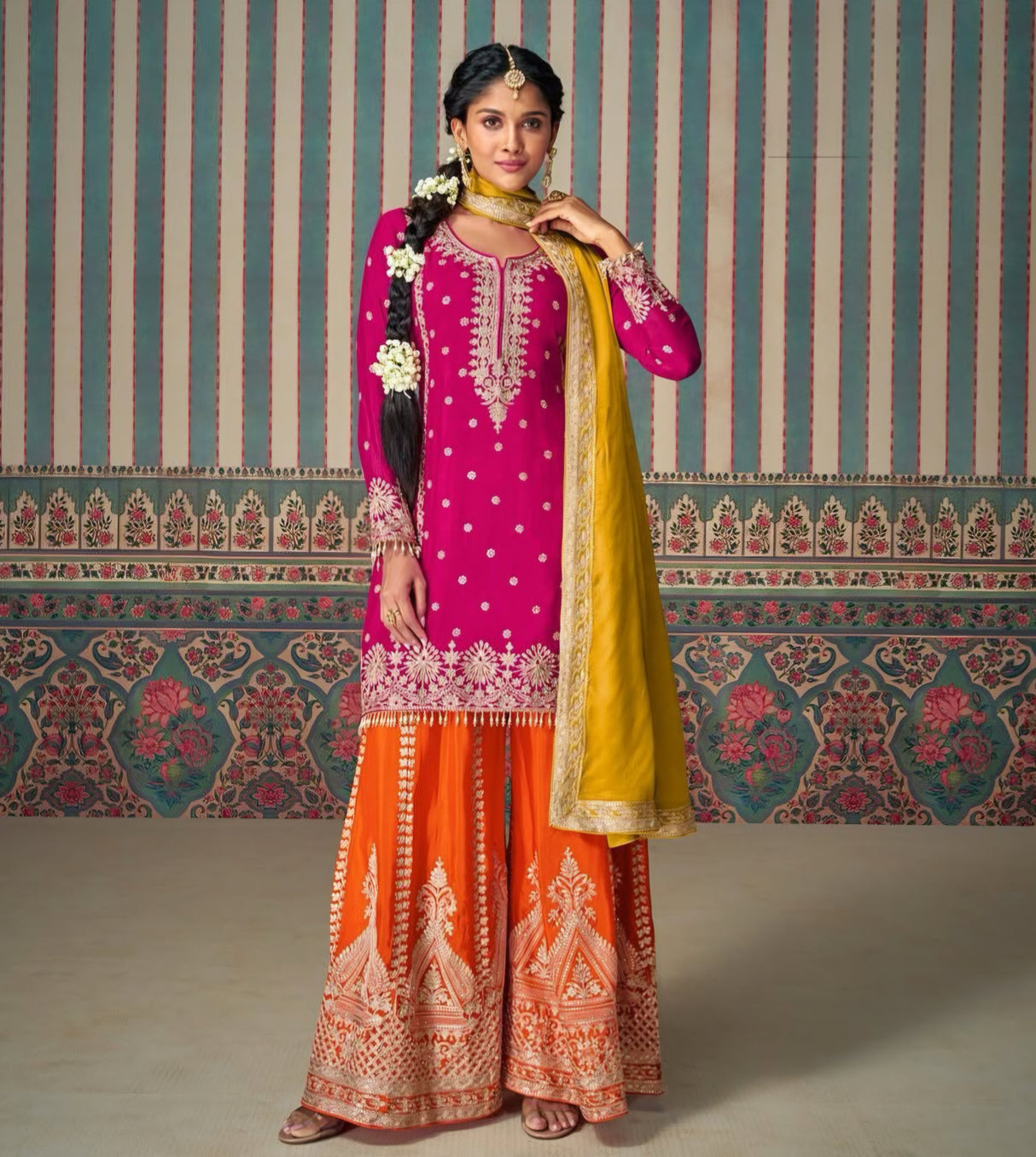 Rani Pink & Orange Embroidered Festive Sharara Set