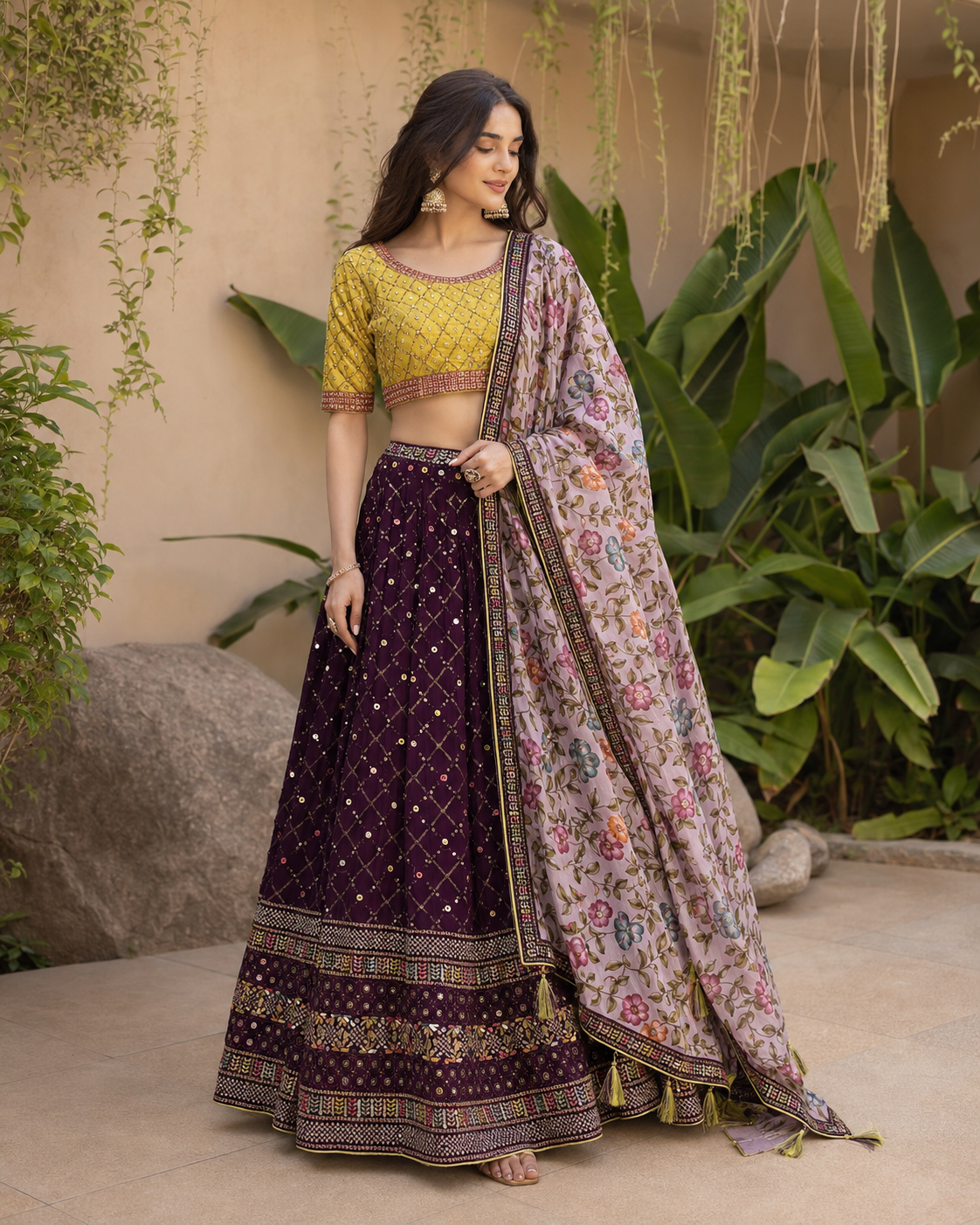 Mustard Plum Floral Lehenga Set