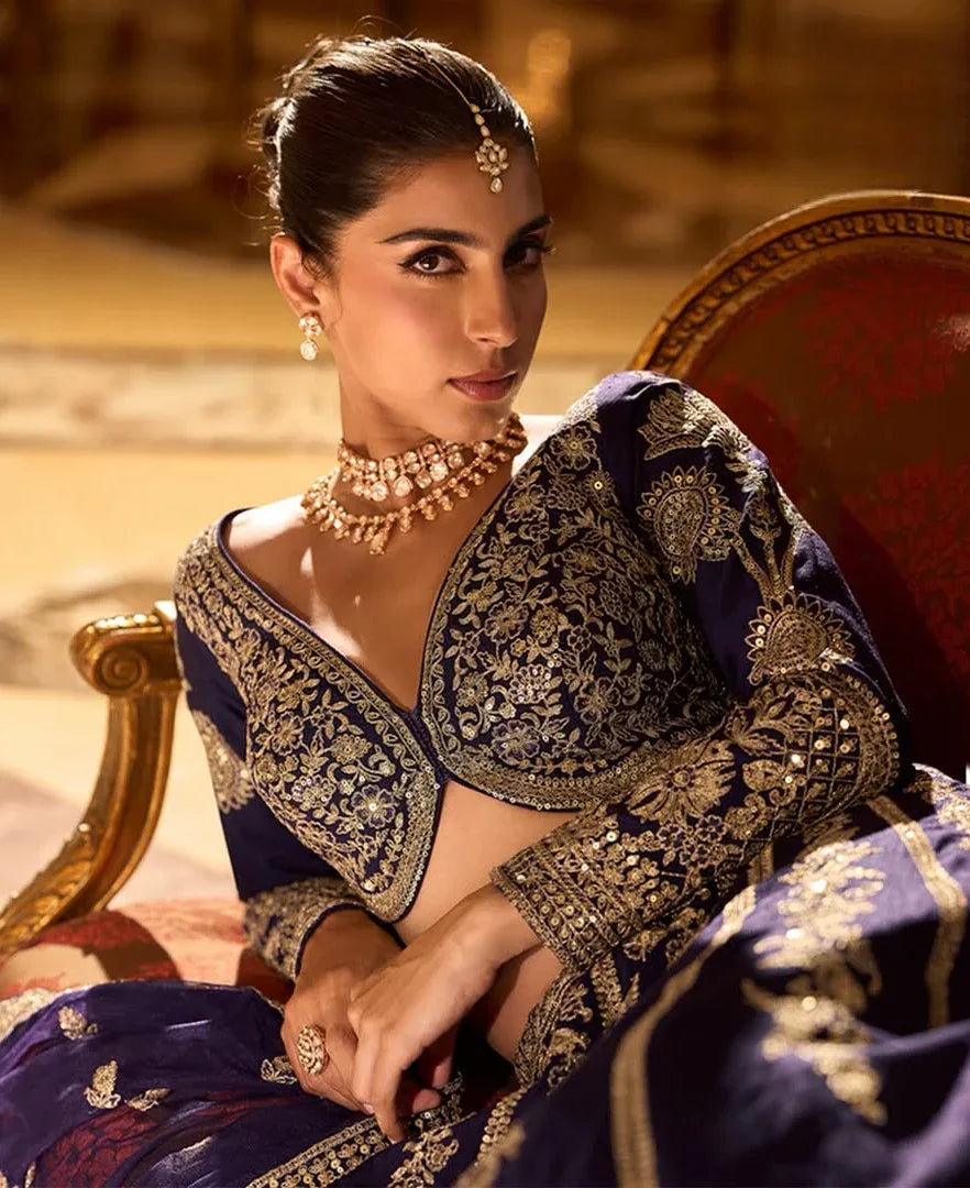 Midnight Royal Blue Embroidered Bridal Lehenga Set - MishUUU