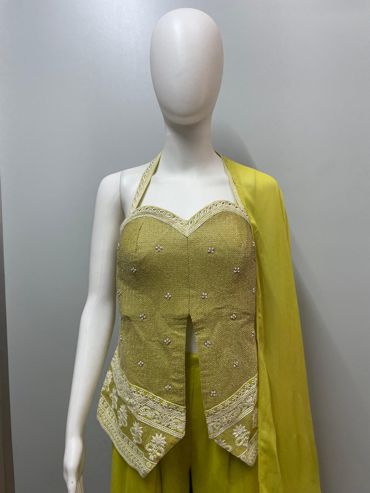 Lime Gold Embroidered Palazzo Dupatta Set