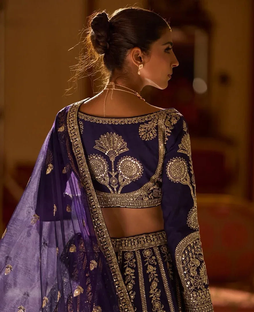 Midnight Royal Blue Embroidered Bridal Lehenga Set - MishUUU