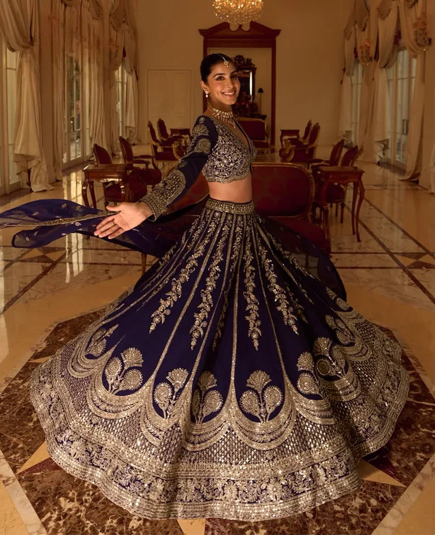 Midnight Royal Blue Embroidered Bridal Lehenga Set - MishUUU