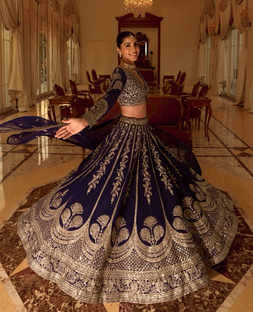Midnight Royal Blue Embroidered Bridal Lehenga Set