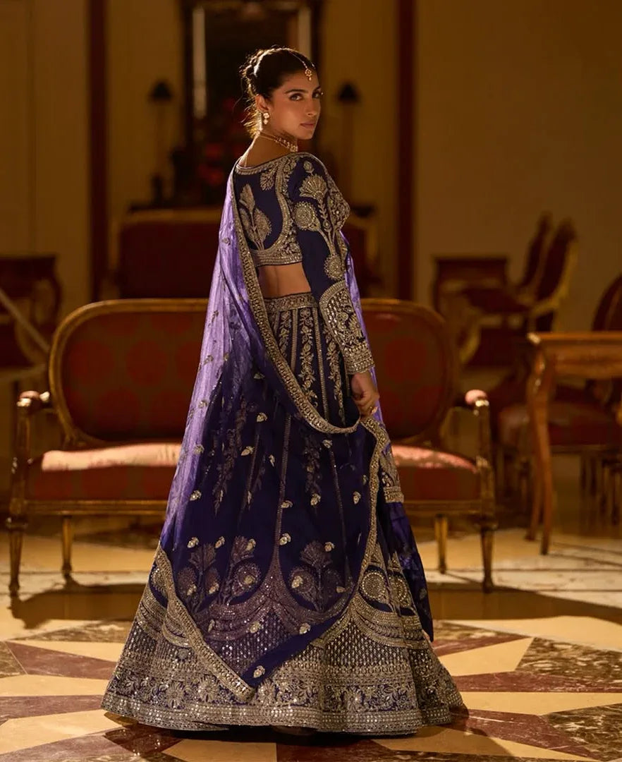 Midnight Royal Blue Embroidered Bridal Lehenga Set - MishUUU