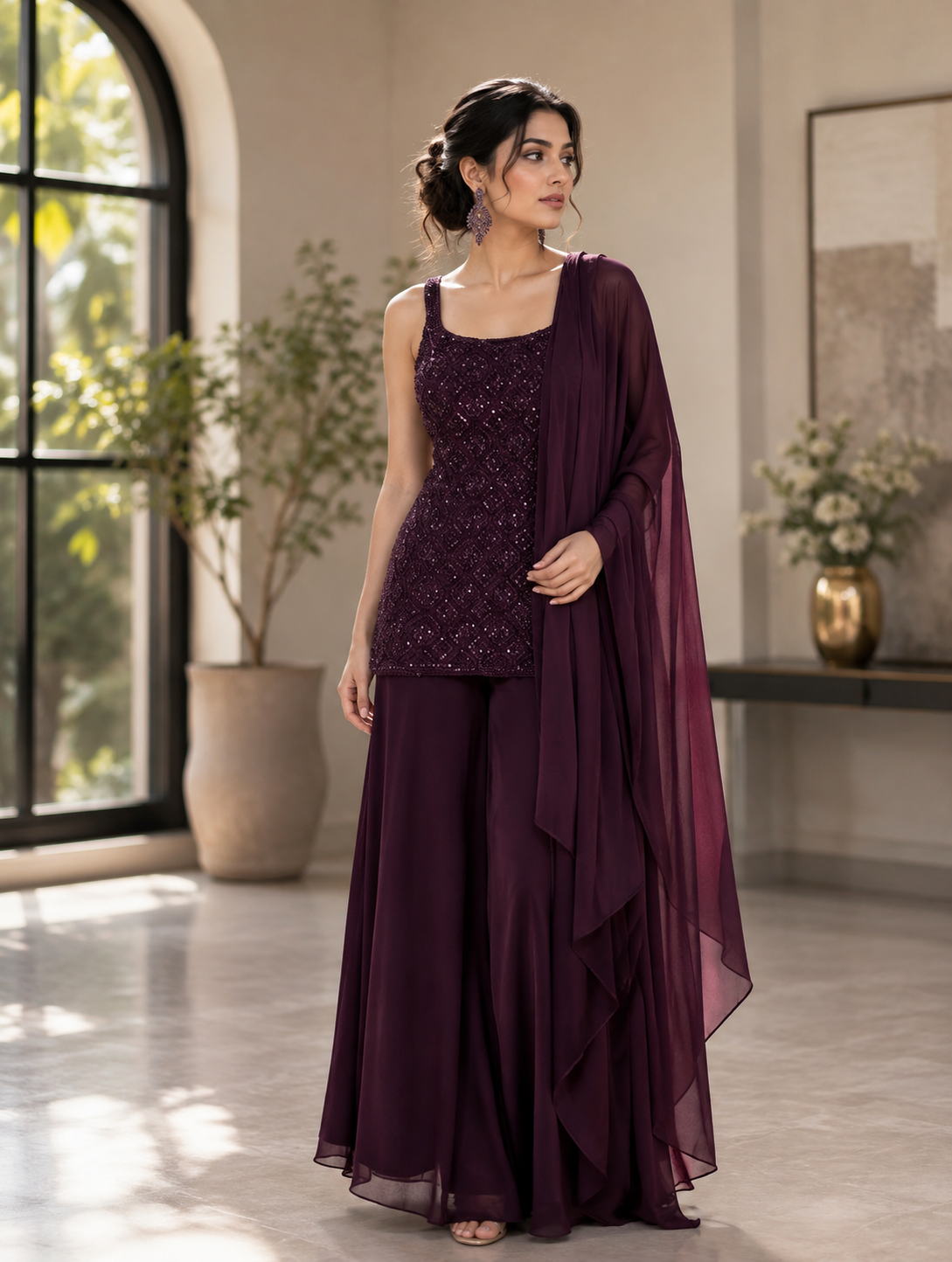 Midnight Plum Sequin Embroidered Palazzo Ensemble