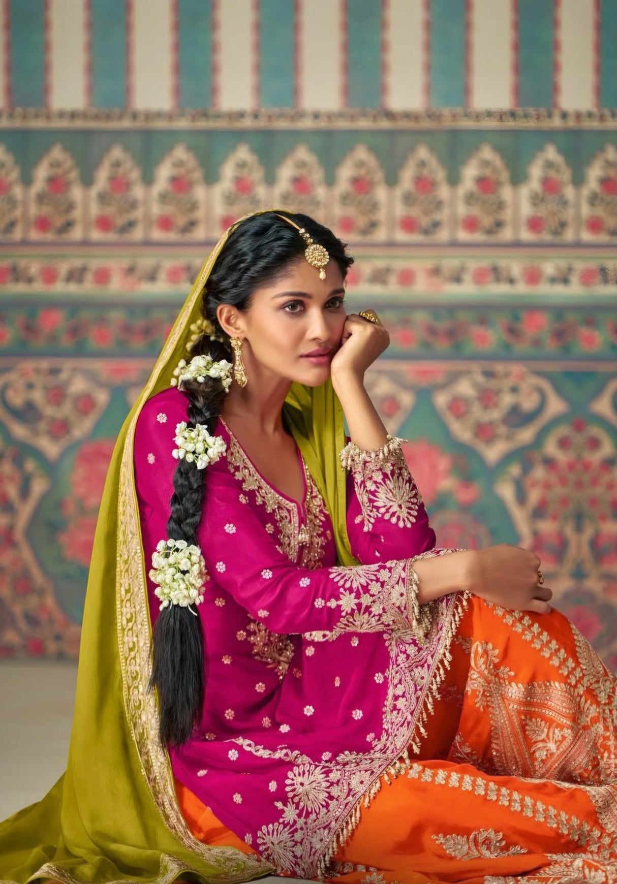 Rani Pink Kurta with Orange Sharara & Green Dupatta Set