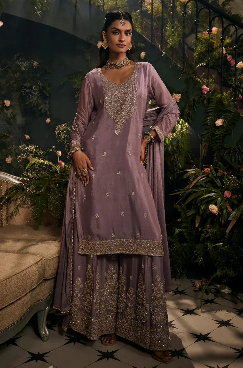 Mauve Zariya Embroidered Sharara Set - MishUUU