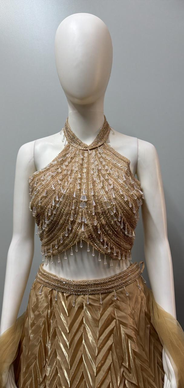 Champagne Shimmer Halter Lehenga Ensemble