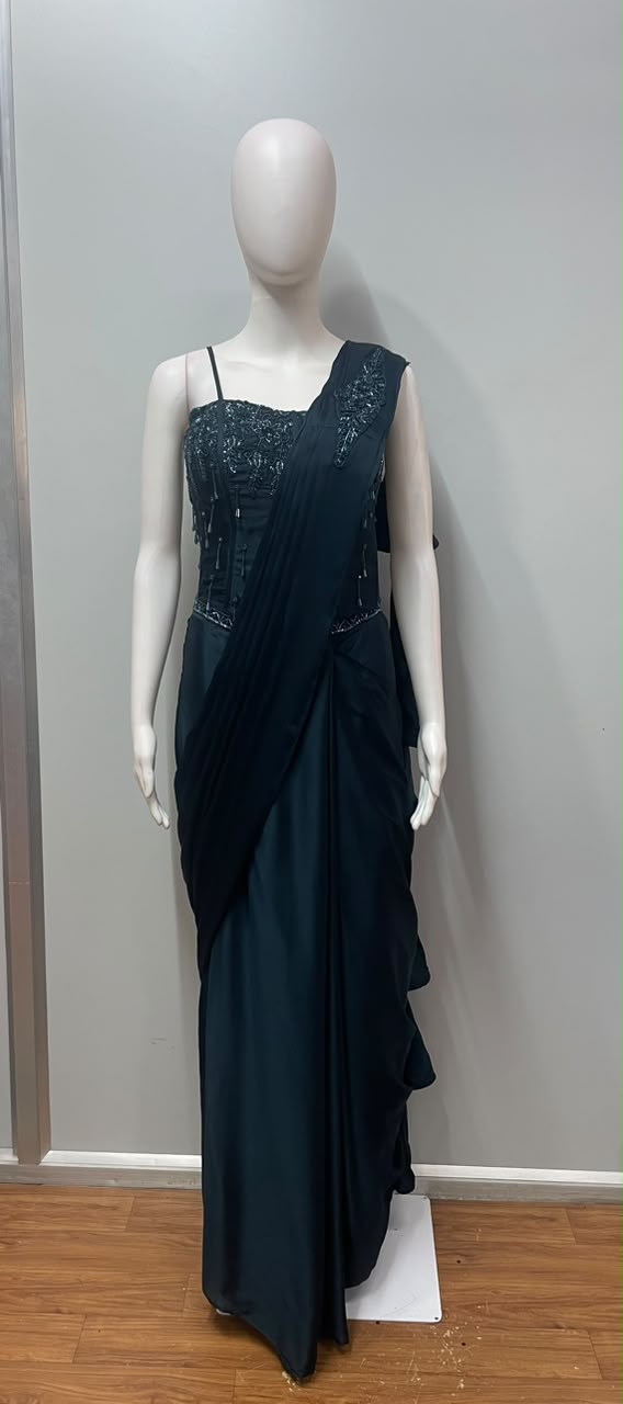 Deep Teal Corset Draped Saree Set