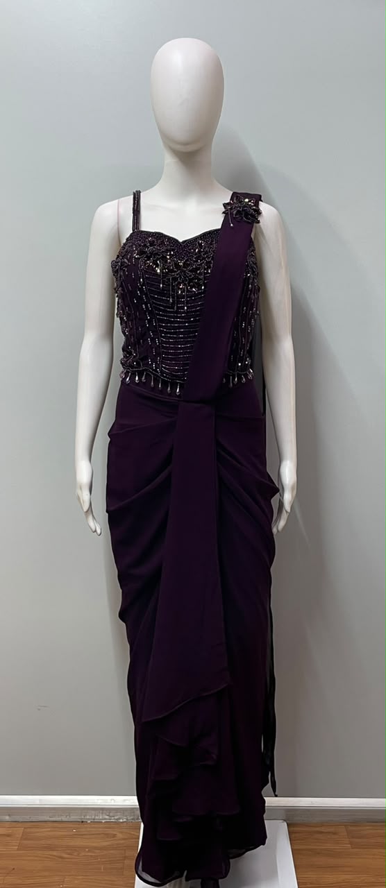 Deep Plum Embellished Corset Draped Saree Set