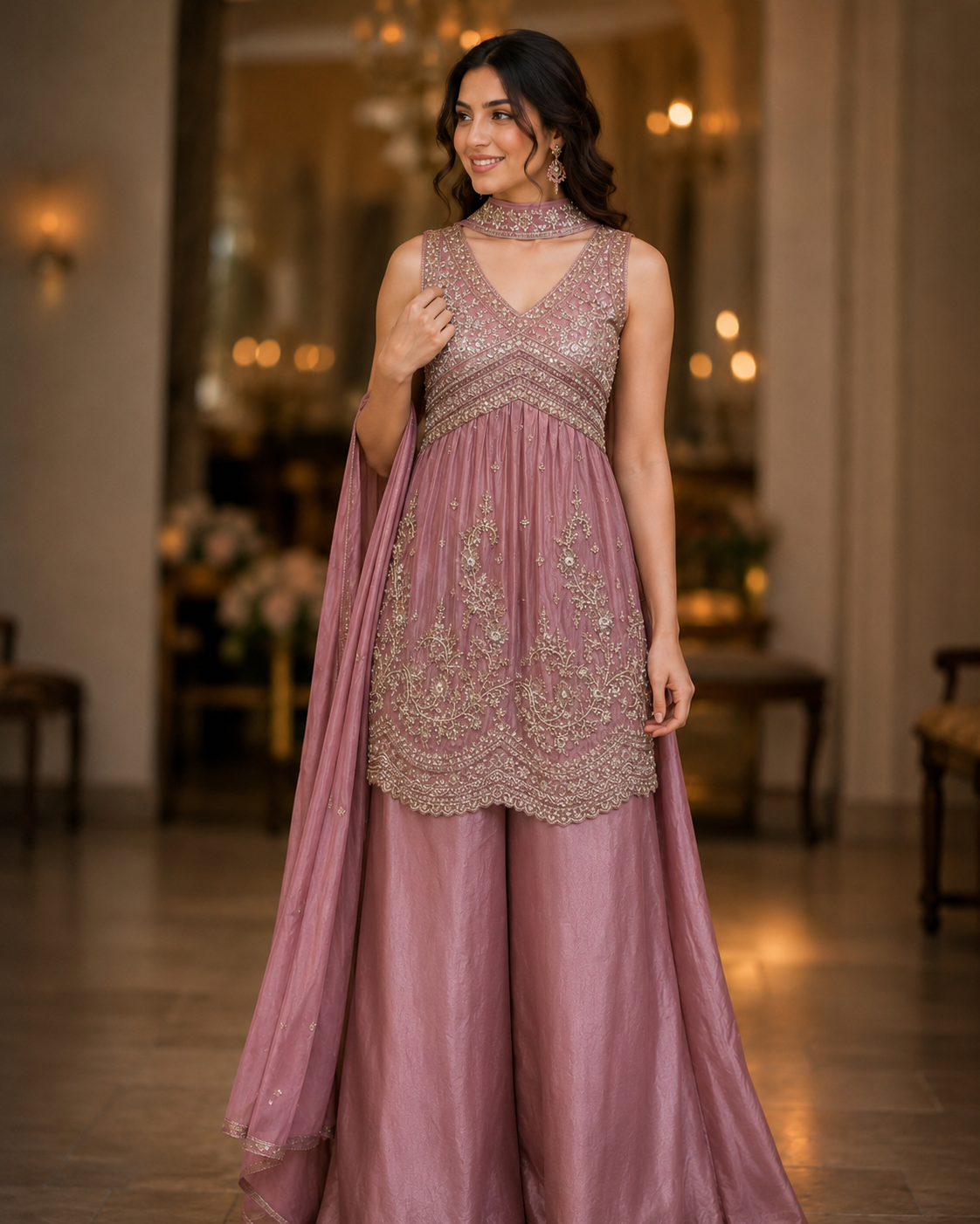 Dusty Rose Zari Palazzo Set