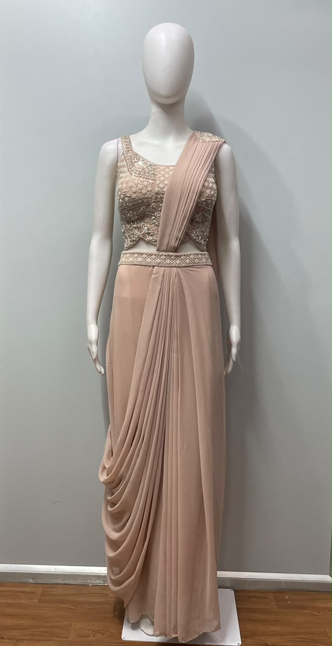 Dusty Peach Pearl Draped Saree Set