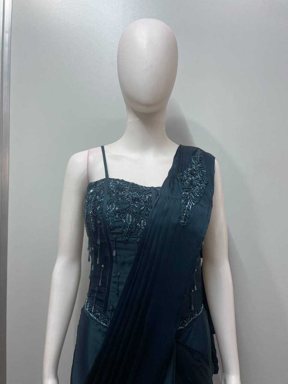 Deep Teal Corset Draped Saree Set