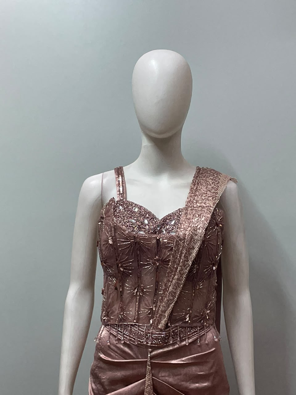 Rose Gold Crystal Draped Saree Set