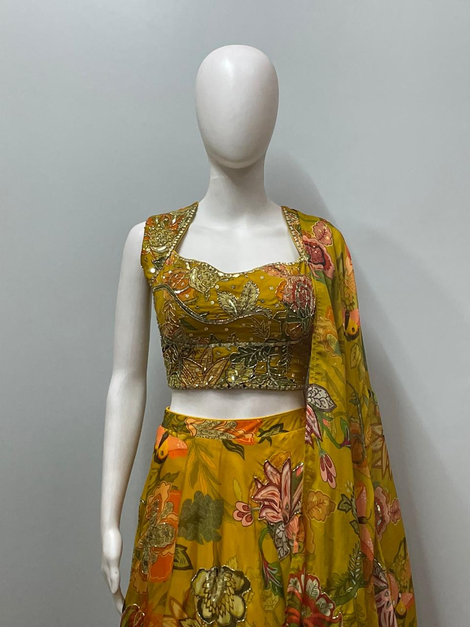 Mustard Floral Mirror Lehenga Set